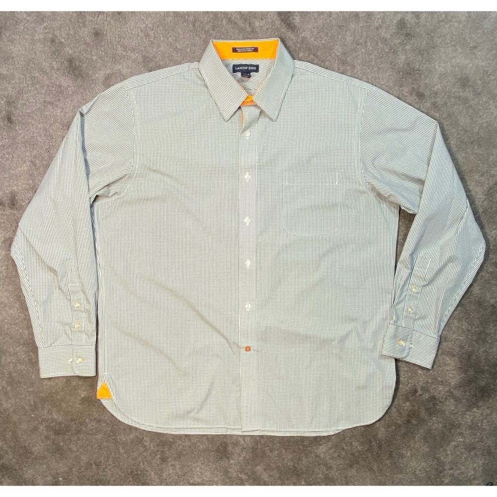 Lands‎ End Men's Large Wrinkle Free LS Shirt Black Gingham Check  w/ Orange Trim - Picture 2 of 12